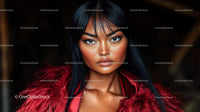 Confident Woman in Red Fur Coat with Intense Gaze