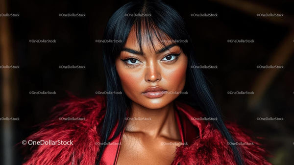 Confident Woman in Red Fur Coat with Intense Gaze