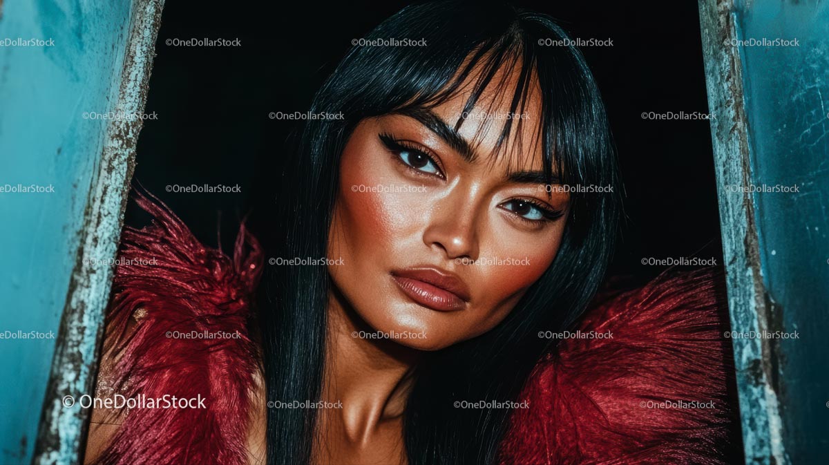 Glamorous Woman in Red Fur with Striking Makeup