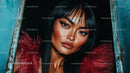 Glamorous Woman in Red Fur with Striking Makeup