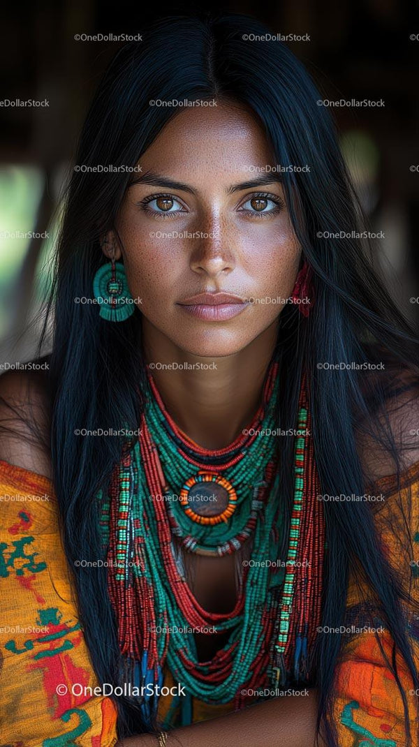 Portret Kobiety z Żywej Etnicznej Biżuterii