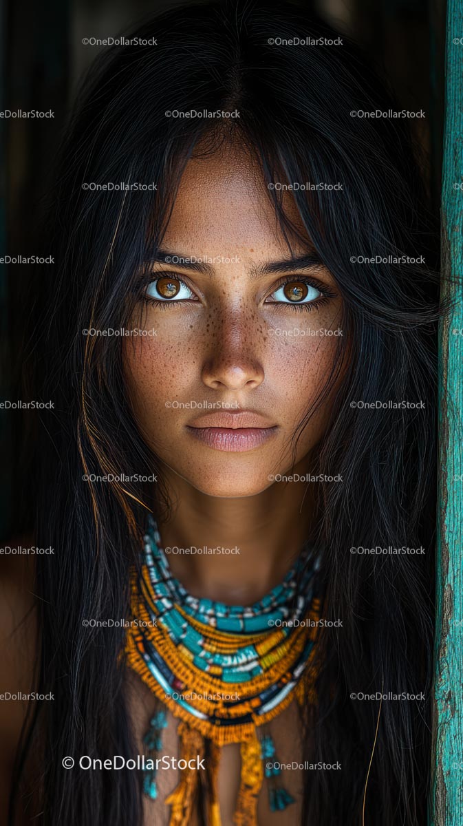 Bohemian Style Portrait with Intense Gaze and Colorful Necklace