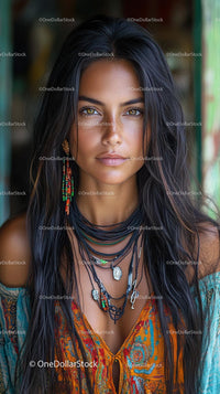 Bohemian Woman in Vibrant Ethnic Attire and Jewelry