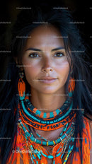 Woman in Vibrant Ethnic Attire and Beaded Jewelry