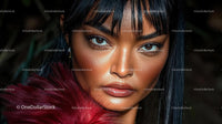 Striking Portrait of a Woman with Intense Gaze and Bold Style