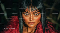 Fierce Portrait of Woman in Red Fur Jacket