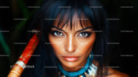 Portrait of Woman with Intense Gaze and Tribal Necklace