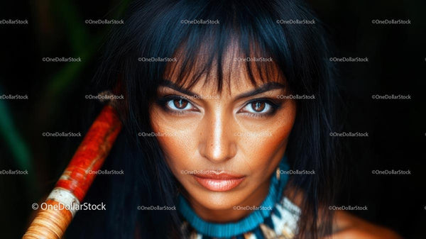 Portret kobiety z intensywnym spojrzeniem i plemiennym naszyjnikiem