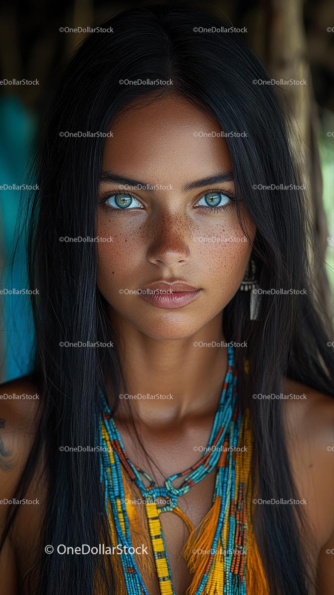 Portret kobiety z niebieskimi oczami i naszyjnikiem z koralików