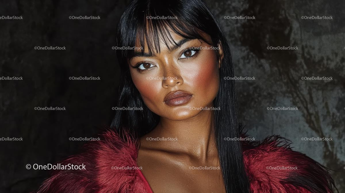 Glamorous Model in Red Fur Coat with Intense Gaze