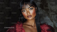 Glamorous Model in Red Fur Coat with Intense Gaze