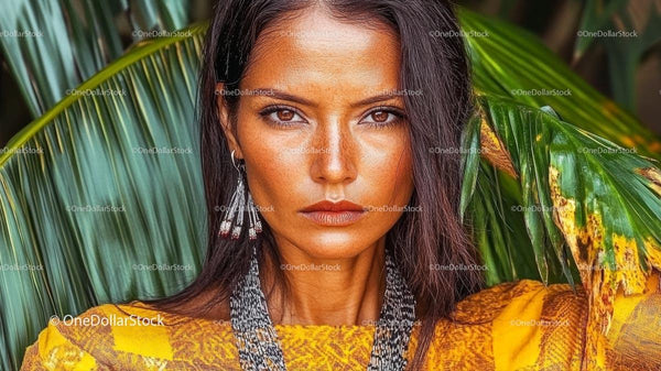 Tropical Fashion Portrait with Green Foliage