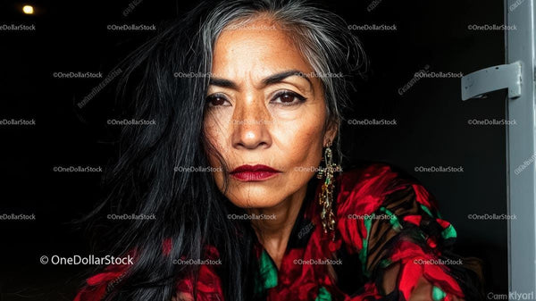 Confident Woman with Red Lipstick and Long Dark Hair