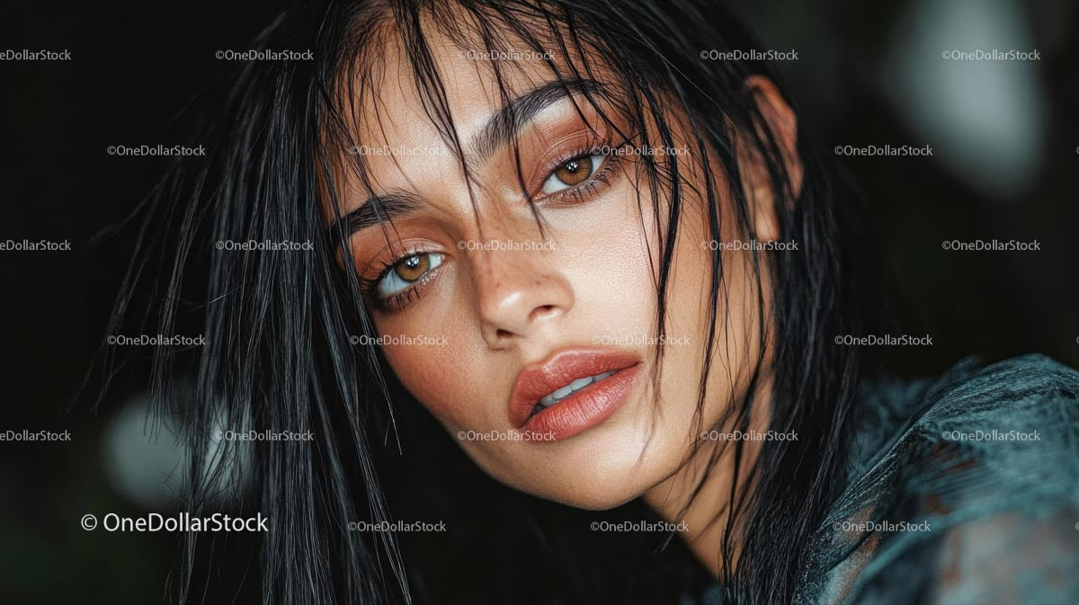 Close-up Portrait of a Woman with Wet Hair and Intense Gaze