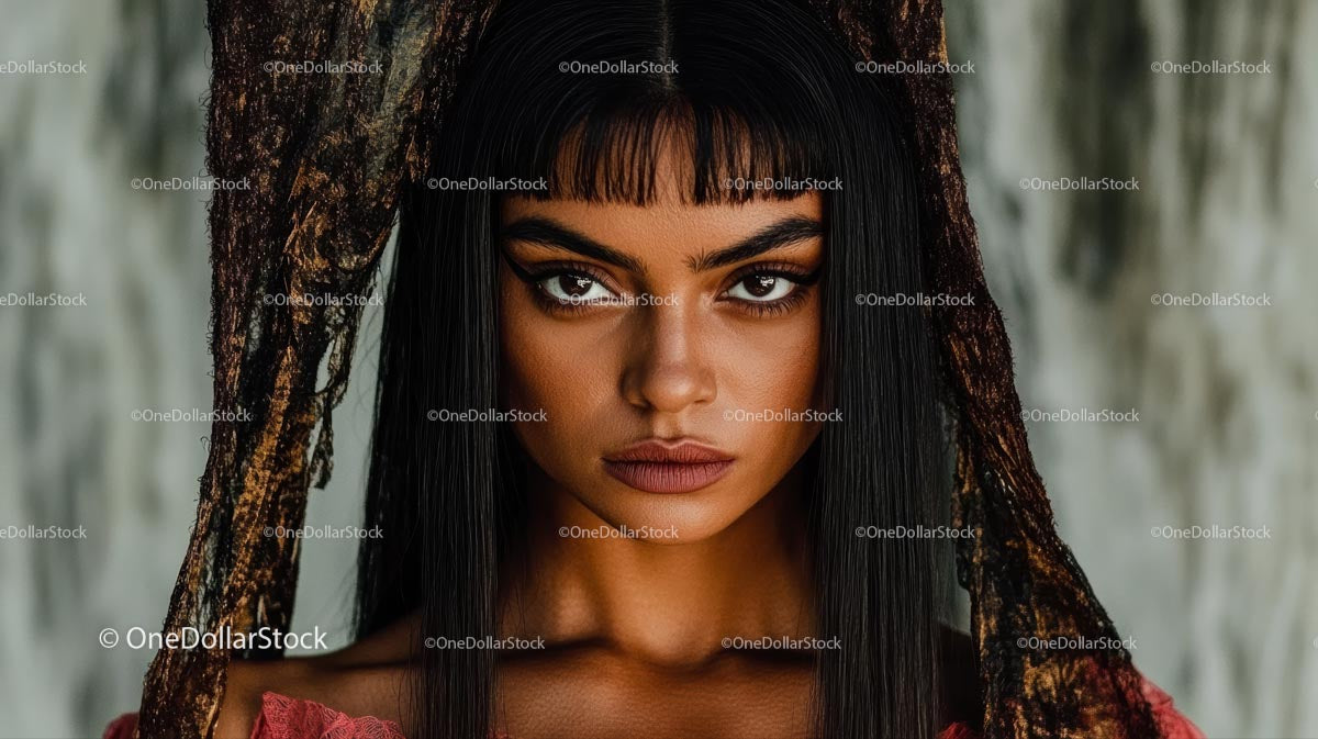 Mysterious Woman with Intense Gaze and Bold Makeup