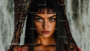 Mysterious Woman with Intense Gaze and Bold Makeup