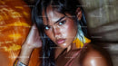 Portrait of a Woman with Feather Earrings and Intense Gaze