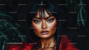 Confident Woman in Red Fur Coat with Striking Gaze