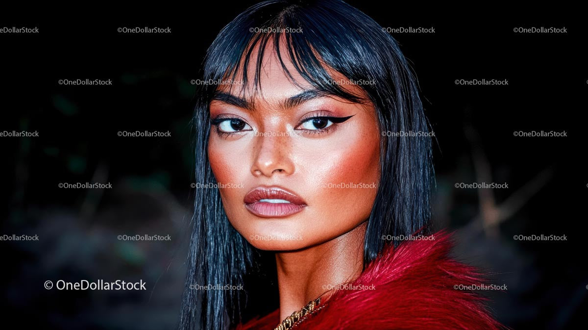 Elegant Woman in Red Fur with Striking Makeup