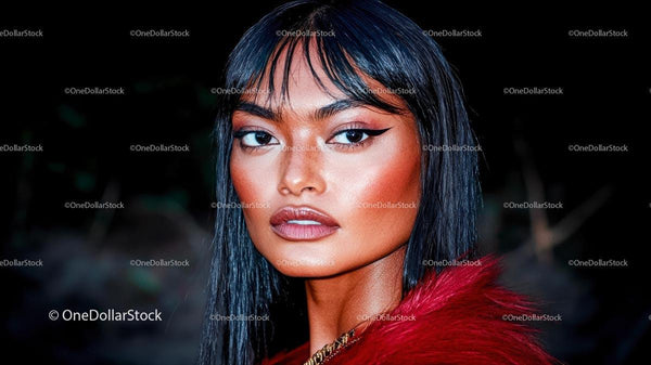 Elegant Woman in Red Fur with Striking Makeup