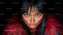Fashion Model with Intense Gaze in Red Fur