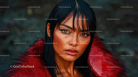 Elegant Woman in Red Fur Coat with Intense Expression