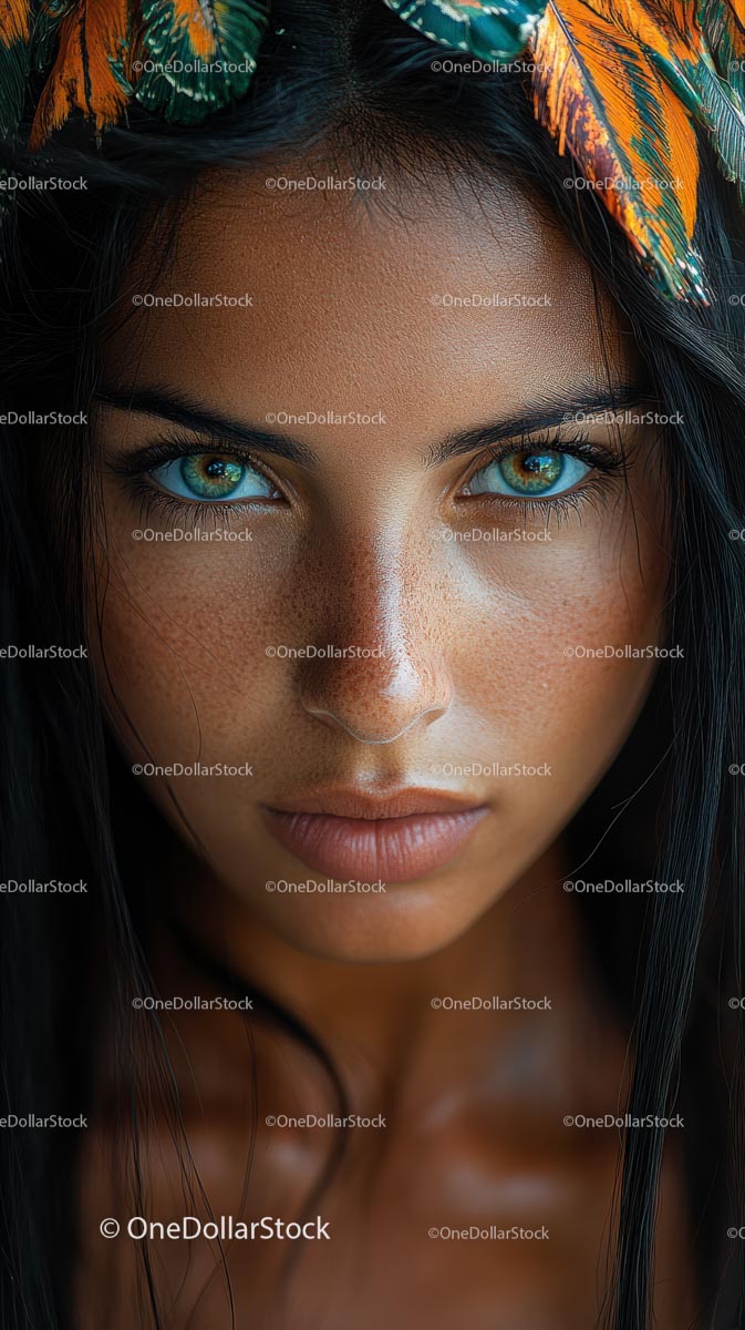 Woman with Intense Gaze and Vibrant Feathers