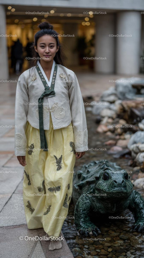 Woman in Traditional Korean Hanbok Beside Stone Sculpture