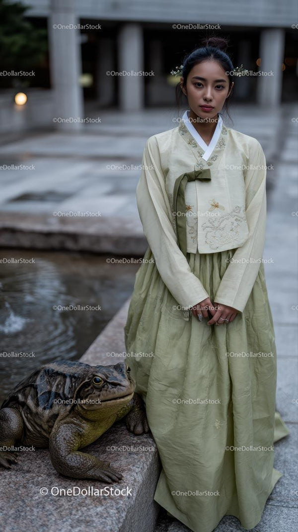 Woman in Hanbok with Giant Frog in Tranquil Setting