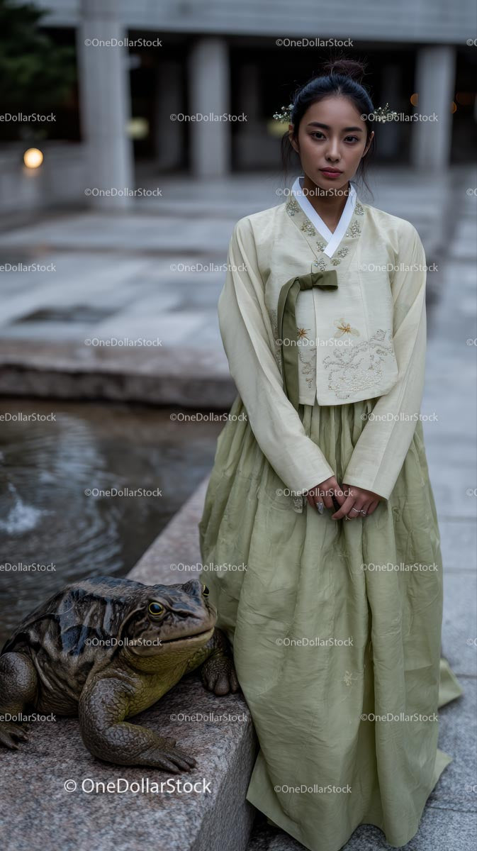 Woman in Hanbok with Giant Frog in Tranquil Setting