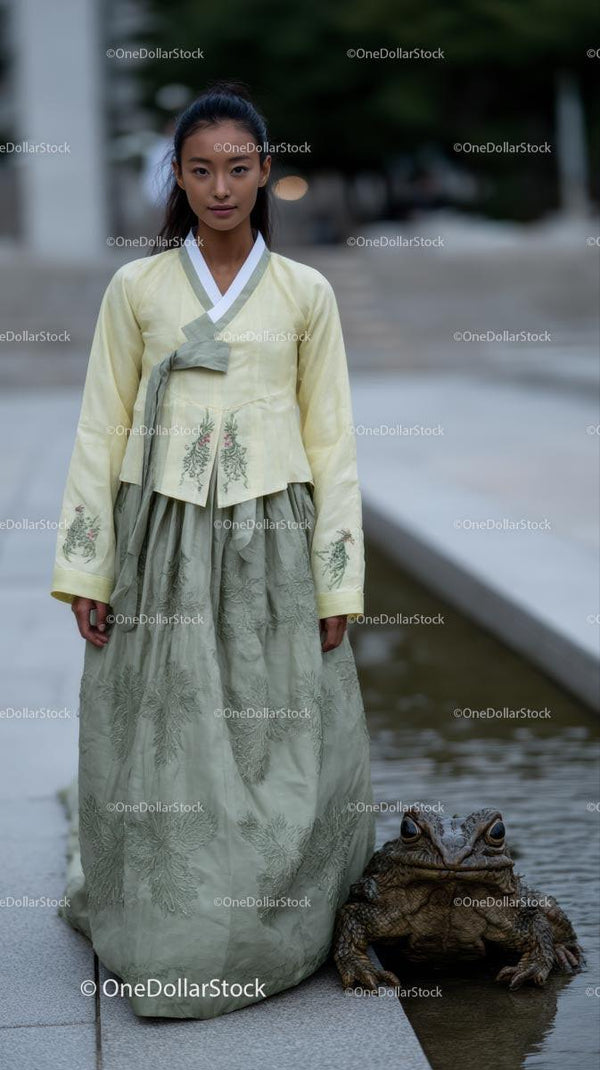 Woman in Traditional Hanbok Stands Beside Large Toad