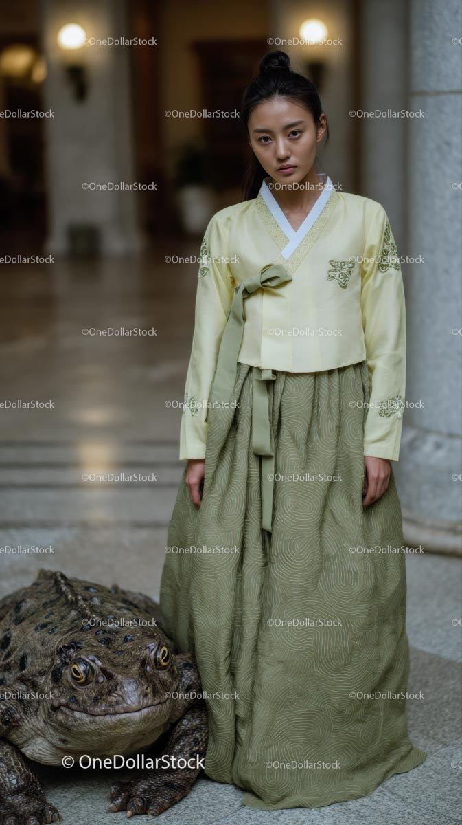 Woman in Hanbok with Large Toad in Serene Setting
