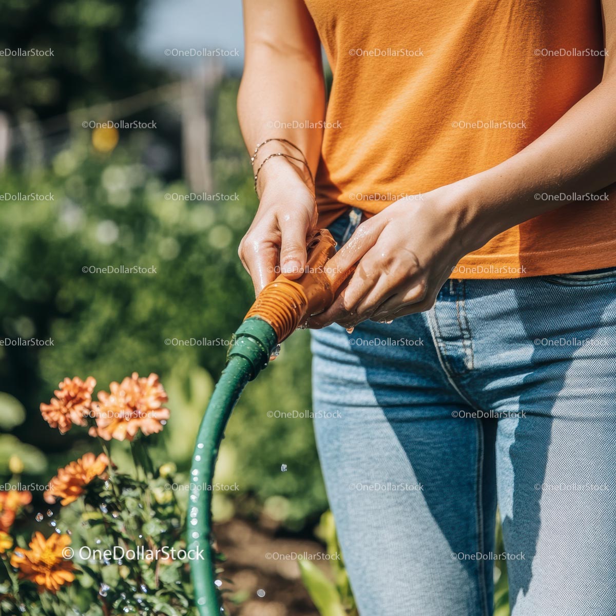 Gardener Watering Orange Flowers on a Sunny Day