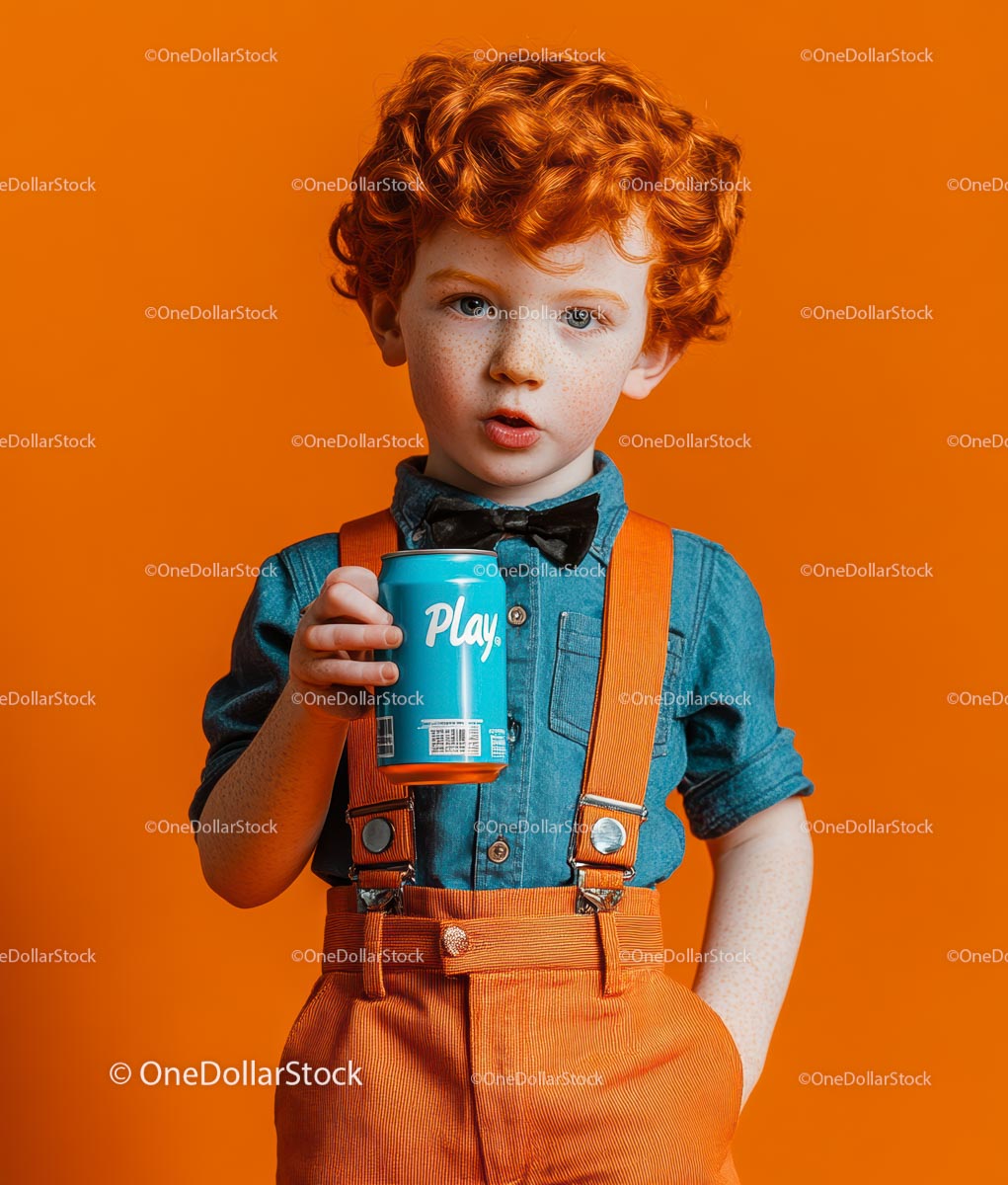 Playful Redheaded Boy with a Can on Orange Background
