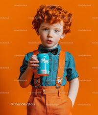 Playful Redheaded Boy with a Can on Orange Background