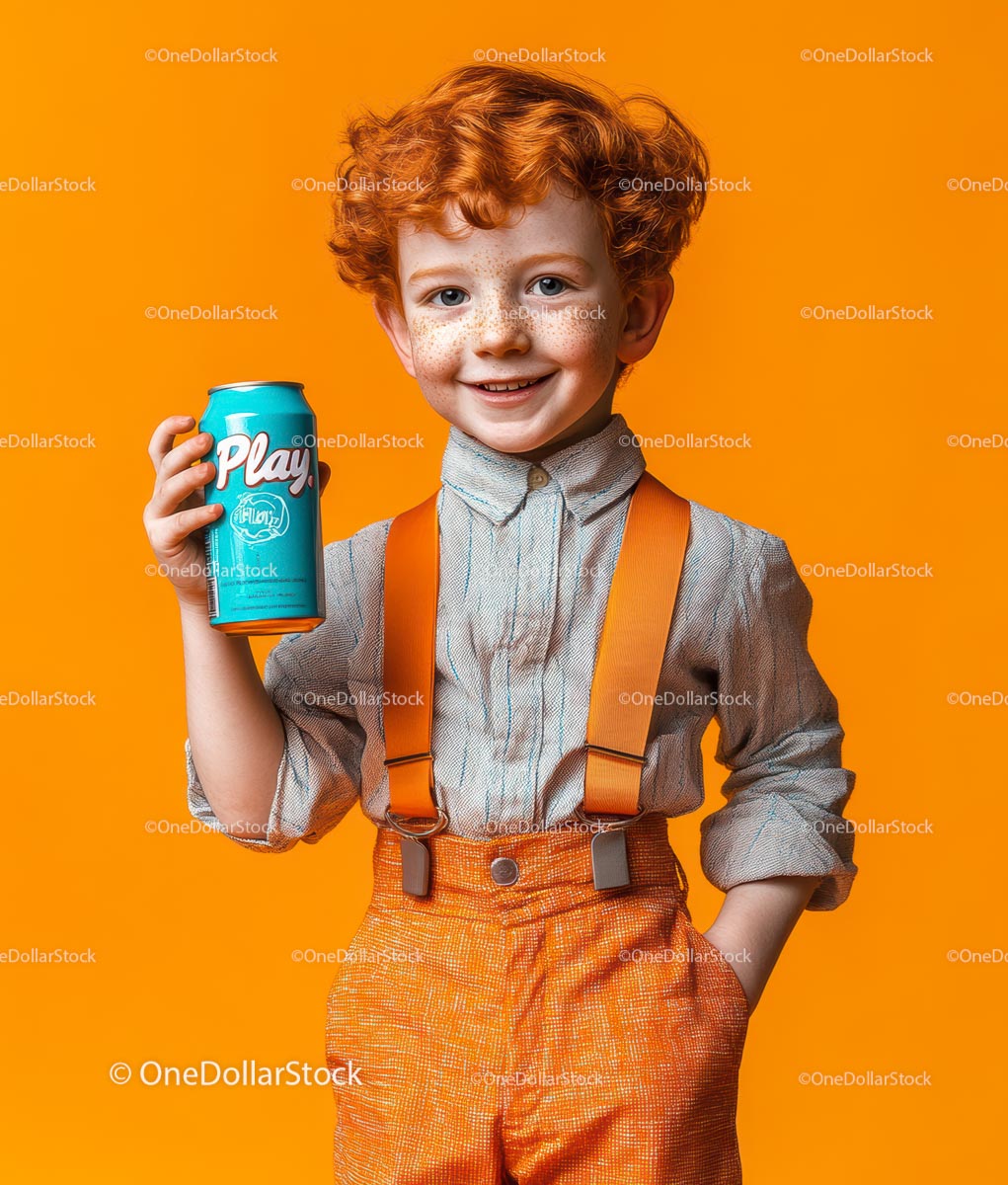 Cheerful Boy with Red Hair Holding Blue Soda Can