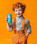 Cheerful Boy with Red Hair Holding Blue Soda Can