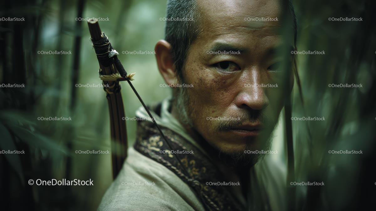 Focused Warrior with Bow and Arrow in Forest