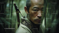 Focused Warrior with Bow and Arrow in Forest