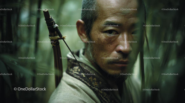 Focused Warrior with Bow and Arrow in Forest