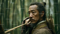 Skilled Archer in Traditional Attire Amidst Bamboo Forest