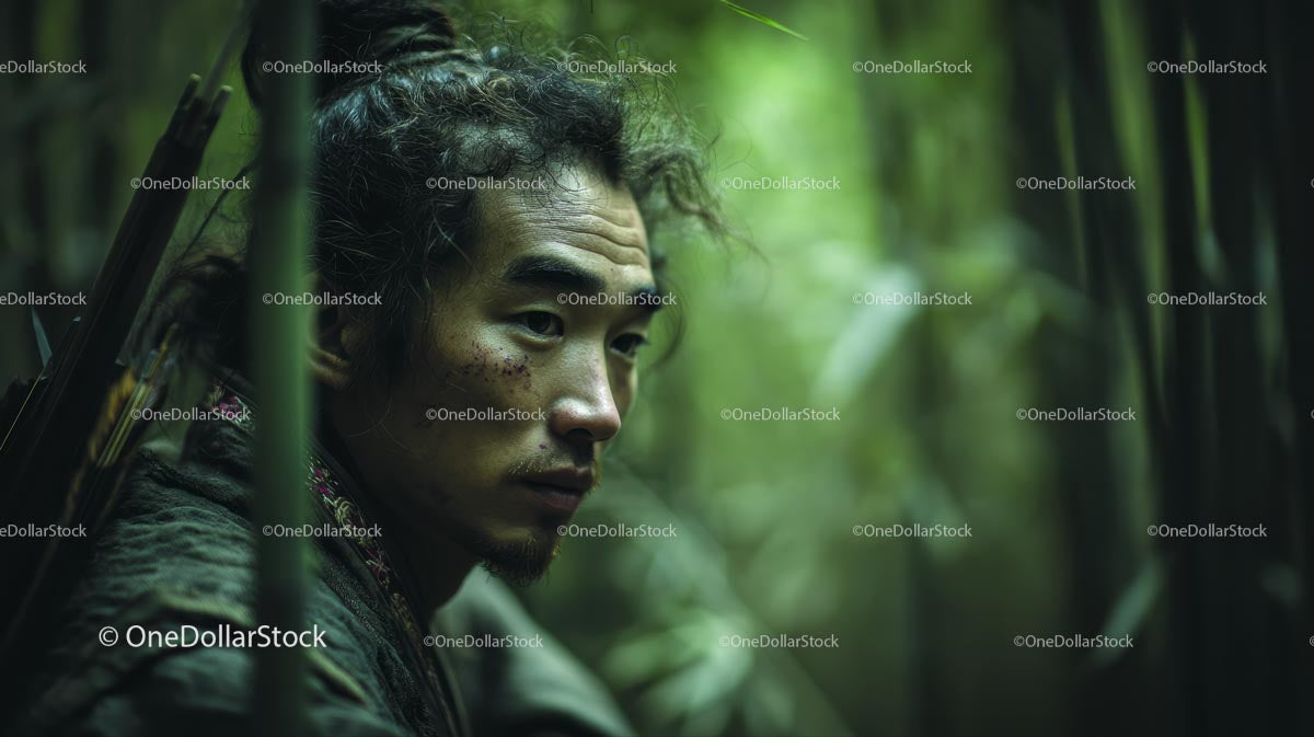 Samurai Warrior in a Bamboo Forest with Intense Gaze