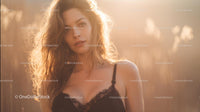 Elegant Woman in Sunlit Field at Golden Hour