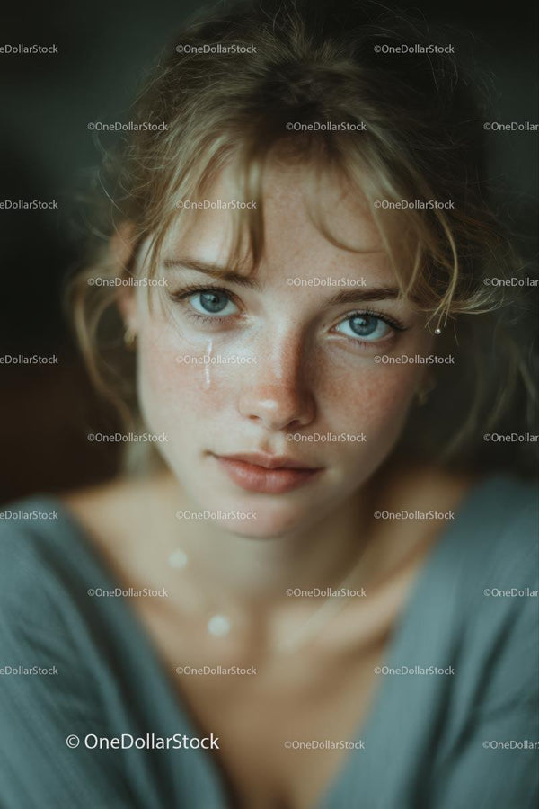 Close-Up Portrait of Thoughtful Young Woman with Blue Eyes