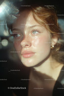 Young Woman in Soft Sunlight with Freckles and Dreamy Expression