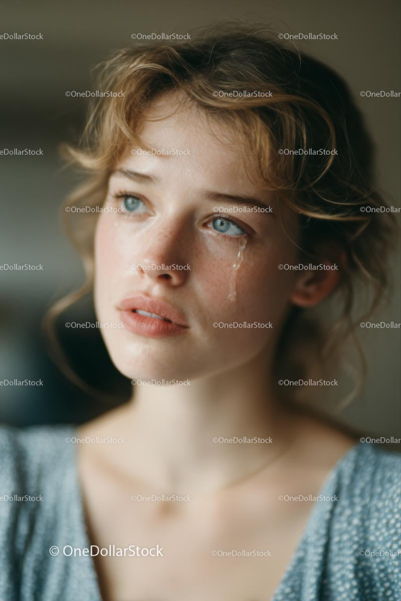 Emotional Portrait with Tearful Expression and Blue Eyes