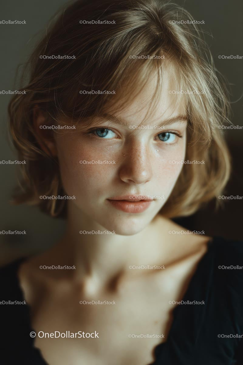 Close-Up Portrait of Young Woman with Blue Eyes and Blonde Hair