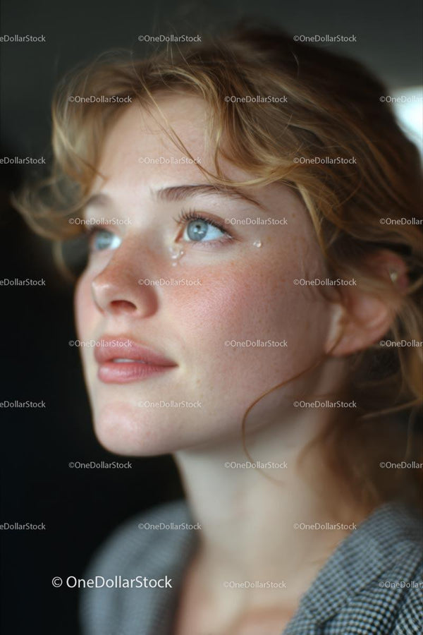 Thoughtful Woman with Dreamy Blue Eyes and Freckles