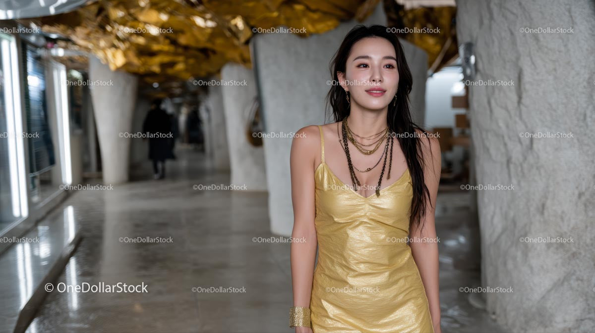 Elegant Woman in Golden Dress in Urban Setting