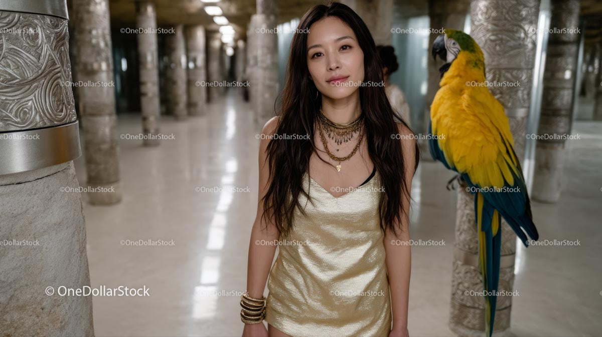 Elegant Woman in Gold Dress with Parrot in Luxurious Hallway